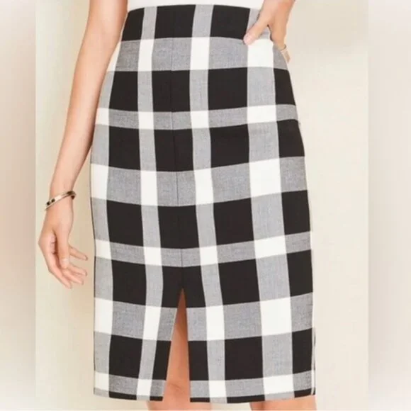 Ann Taylor Checkered Gingham Plaid Slit Stretchy High Rise Lined Pencil Skirt 8